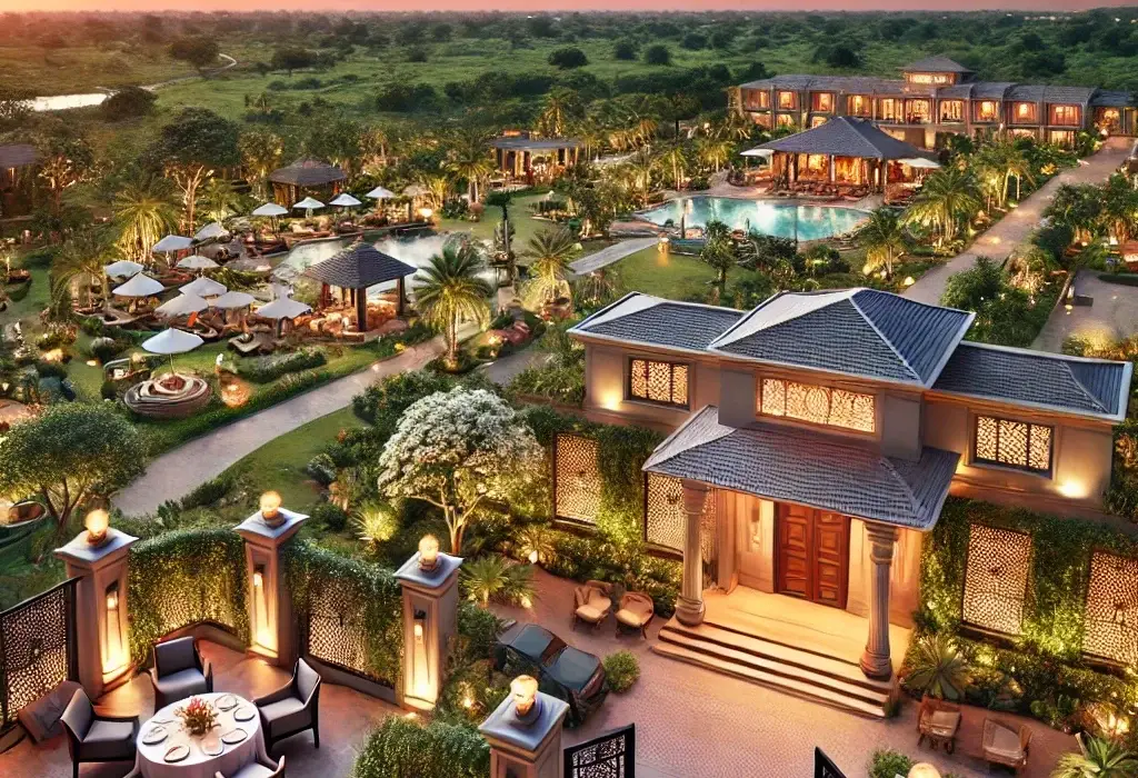 A-luxury-resort-located-between-Ahmedabad-and-Mumbai-India-featuring-a-grand-entrance-with-lush-greenery-a-beautiful-outdoor-dining-area-and-a-ser.webp